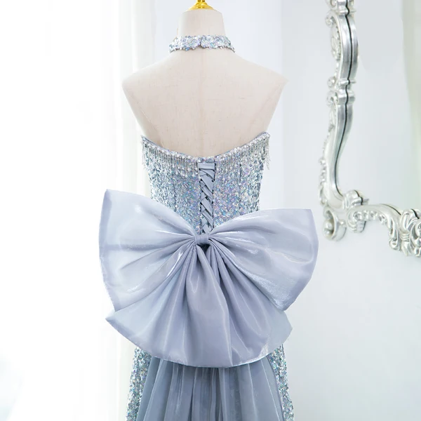 Scintillantes Sexy Argenté Perlage Perle Paillettes Robe De Soirée 2024 Trompette / Sirène Bustier Sans Manches Dos Nu Noeud Longue Soirée
