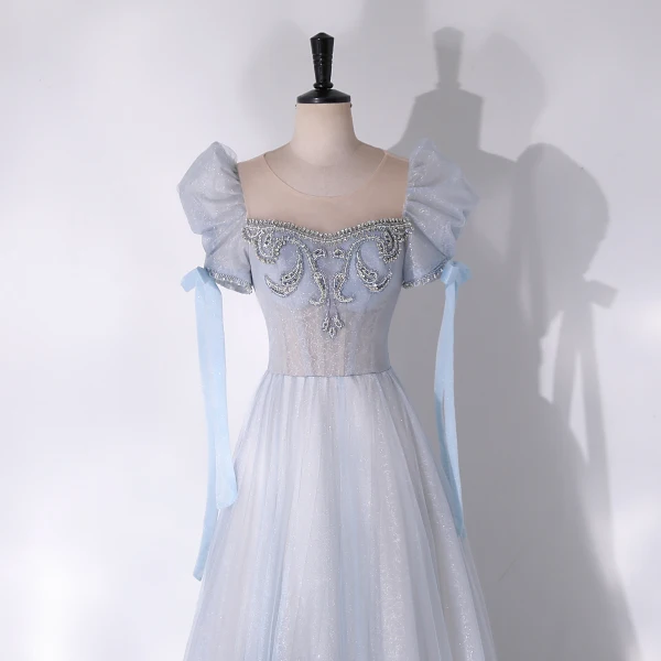 Chic / Beautiful Sky Blue Glitter Rhinestone Prom Dresses 2024 A-Line / Princess Scoop Neck Short Sleeve Backless Floor-Length / Long Prom Formal Dresses