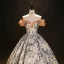 Vintage / Retro Beige Printing Prom Dresses 2023 Ball Gown Off-The-Shoulder Short Sleeve Backless Floor-Length / Long Prom Formal Dresses