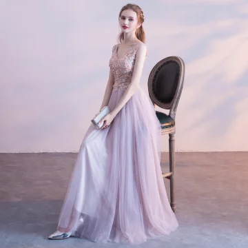 Chic Beautiful Blushing Pink Prom Dresses 2017 A Line Princess Lace Flower Crystal Pearl V Neck Backless Sleeveless Ankle Length Formal Dresses