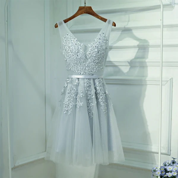 Chic / Beautiful Silver Wedding Party Dresses 2017 Lace Flower Strappy Sleeveless V-Neck Backless A-Line / Princess Short Bridesmaid Dresses