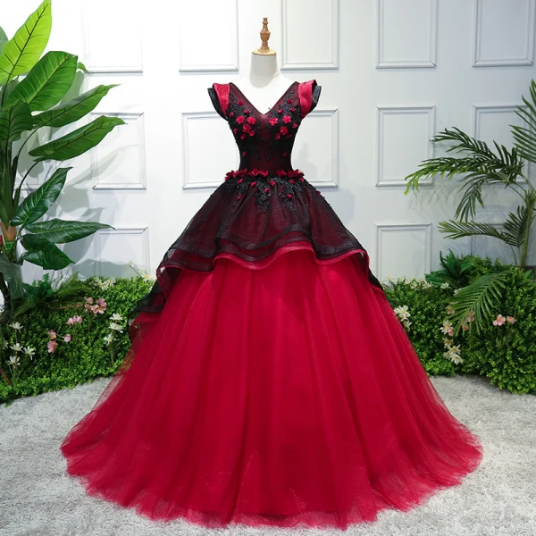 red and black elegant dresses Black and Red V-Neck Tulle Long Prom Dress, Lace Evening Dress main image 0