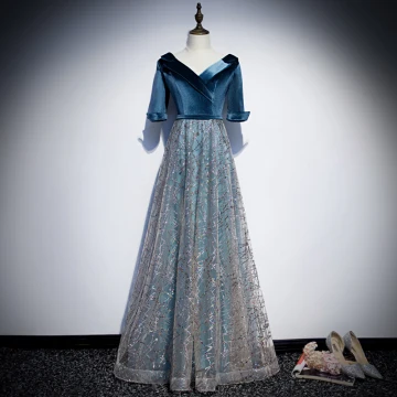 Chic Beautiful Ink Blue Evening Dresses 2019 A Line Princess Suede V Neck Glitter Sequins Short Sleeve Backless Floor Length Long Formal Dresses