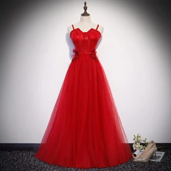 Chic Couleur Unie Rouge Robe De Soirée 2019 Princesse Bretelles Spaghetti Perlage En Dentelle Fleur Appliques Perle Sans Manches Dos Nu Longue Robe De Ceremonie