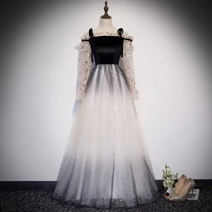 Charmant Noire Dégradé De Couleur Robe De Soirée 2019 Princesse Bretelles Spaghetti Noeud Étoile Paillettes Manches Longues Longue Robe De Ceremonie
