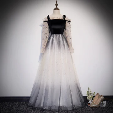 Charmant Noire Dégradé De Couleur Robe De Soirée 2019 Princesse Bretelles Spaghetti Noeud Étoile Paillettes Manches Longues Longue Robe De Ceremonie