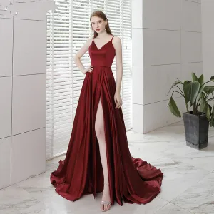 Chic Belle Couleur Unie Bordeaux Robe De Soirée 2019 Princesse Bretelles Spaghetti Sans Manches Dos Nu Fendue Devant Tribunal Train Robe De Ceremonie