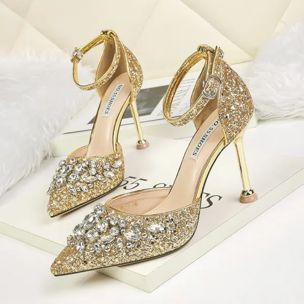 Sparkly Gold Wedding Shoes 2019 Ankle Strap Rhinestone Sequins 9 cm Stiletto Heels Pointed Toe Wedding Heels