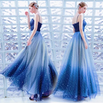 Moderne Mode Océan Bleu Robe De Soirée 2019 Princesse Bretelles Spaghetti Étoile Paillettes Sans Manches Dos Nu Longue Robe De Ceremonie