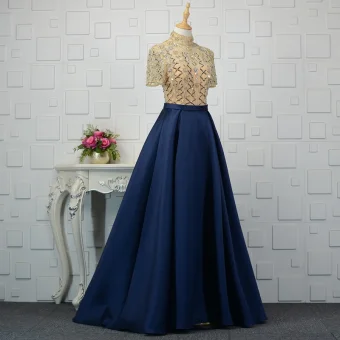 Chic Belle Bleu Marine Robe De Soirée 2018 Princesse Perlage Cristal Faux Diamant Paillettes Col Haut Manches Courtes Longue Robe De Ceremonie