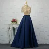Chic / Beautiful Navy Blue Evening Dresses  2018 A-Line / Princess Beading Crystal Rhinestone Sequins High Neck Short Sleeve Floor-Length / Long Formal Dresses