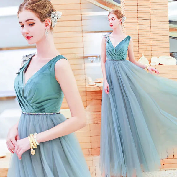 Chic / Beautiful Jade Green Evening Dresses  2019 A-Line / Princess Suede V-Neck Rhinestone Sleeveless Backless Floor-Length / Long Formal Dresses