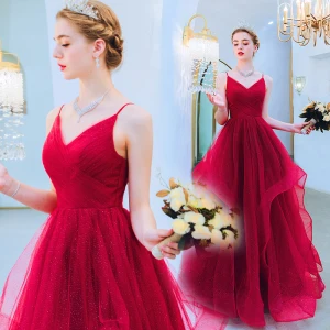 Chic Belle Rouge Robe De Soirée 2019 Princesse Bretelles Spaghetti Glitter Tulle Sans Manches Dos Nu Longue Robe De Ceremonie