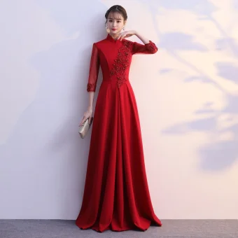 Chic Bordeaux Robe De Soirée 2019 Princesse Col Haut Noeud En Dentelle Fleur 1 2 Manches Longue Robe De Ceremonie