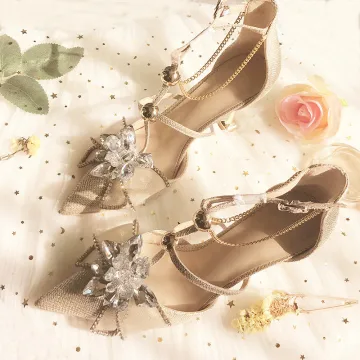 Charming Champagne Evening Party Womens Shoes 2019 Leather Rhinestone T Strap 8 Cm Stiletto Heels Pointed Toe High Heels