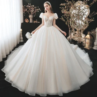 Charmant Mode Champagne Perlage Paillettes Robe De Mariée 2021 Robe Boule Encolure Dégagée Appliques Manches Courtes Dos Nu Royal Train Mariage