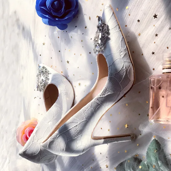 Chic / Beautiful Ivory Wedding Shoes 2019 Rhinestone 7 cm Stiletto Heels Pointed Toe Wedding Pumps