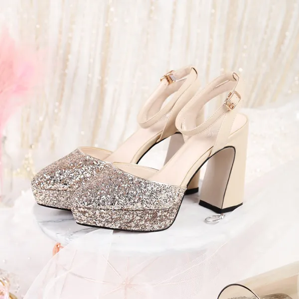 Chic / Beautiful Rose Gold Wedding Shoes 2019 Ankle Strap Sequins 11 cm Thick Heels Pointed Toe Wedding High Heels