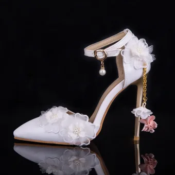 Fine Hvit Brudesko 2019 Perle Ankelstropp Appliques 9 Cm Spisse Stiletthæler Bryllup Høyhælte