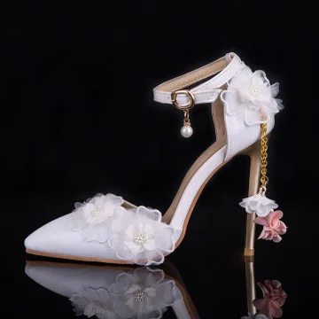 Chic Belle Blanche Chaussure De Mariée 2019 Perle Bride Cheville Appliques 9 Cm À Bout Pointu Talons Aiguilles Mariage Talons Hauts