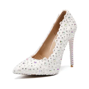 Chic Beautiful Ivory Wedding Shoes 2019 Rhinestone Lace Flower 11 Cm Stiletto Heels Pointed Toe Wedding Pumps