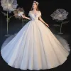 Modest / Simple Ivory Wedding Dresses 2021 Ball Gown Scoop Neck Short Sleeve Backless Royal Train Wedding