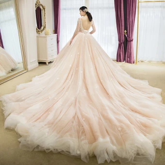 Eleganckie Szampan Suknie Ślubne 2018 Suknia Balowa Z Koronki Aplikacje Frezowanie Wycięciem Bez Pleców 3 4 Rękawy Trenem Królewski Ślub
