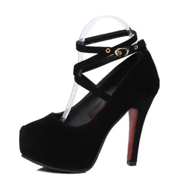 Affordable Black Evening Party Pumps 2019 Suede Ankle Strap X-Strap 11 cm Stiletto Heels Round Toe Pumps