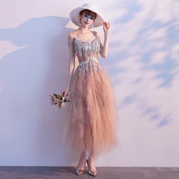 Modern Fashion Champagne Evening Dresses 2019 A Line Princess Spaghetti Straps Lace Flower Sequins Tassel Sleeveless Ankle Length Formal Dresses