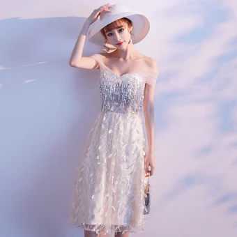 Charming Champagne Evening Dresses 2019 A Line Princess Off The Shoulder Appliques Lace Flower Sequins Tassel Sleeveless Backless Tea Length Formal Dresses