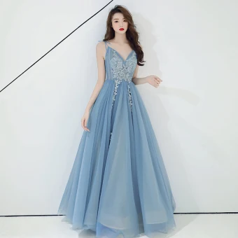 Chic Belle Bleu Ciel Robe De Soirée 2019 Princesse Sans Manches Perlage En Dentelle Fleur Appliques Bretelles Spaghetti Dos Nu Longue Robe De Ceremonie