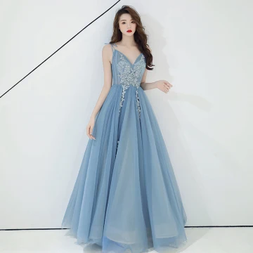 Chic Belle Bleu Ciel Robe De Soirée 2019 Princesse Sans Manches Perlage En Dentelle Fleur Appliques Bretelles Spaghetti Dos Nu Longue Robe De Ceremonie