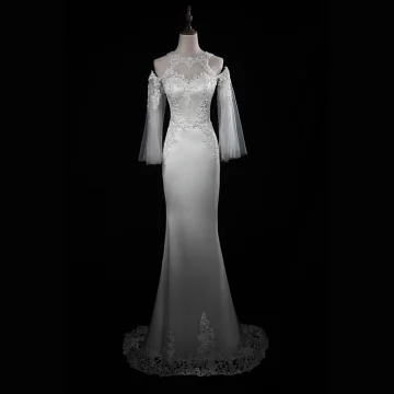 Élégant Ivoire Robe De Mariée 2018 Trompette Sirène En Dentelle Appliques Épaules Dos Nu 3 4 Manches Train De Balayage Mariage