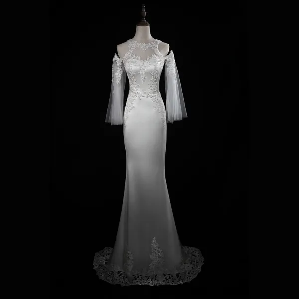Elegant Ivory Wedding Dresses 2018 Trumpet / Mermaid Lace Appliques Shoulders Backless 3/4 Sleeve Sweep Train Wedding