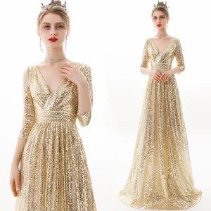 Sparkly Champagne Evening Dresses 2019 A Line Princess V Neck Sequins 3 4 Sleeve Backless Floor Length Long Formal Dresses