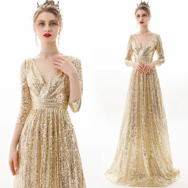 Sparkly Champagne Evening Dresses  2019 A-Line / Princess V-Neck Sequins 3/4 Sleeve Backless Floor-Length / Long Formal Dresses