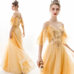 Chic Beautiful Gold Evening Dresses 2019 A Line Princess Spaghetti Straps Sequins Lace Flower Short Sleeve Backless Floor Length Long Formal Dresses