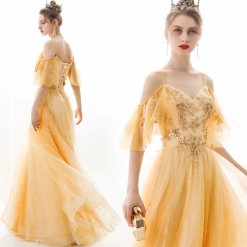 Chic Beautiful Gold Evening Dresses 2019 A Line Princess Spaghetti Straps Sequins Lace Flower Short Sleeve Backless Floor Length Long Formal Dresses