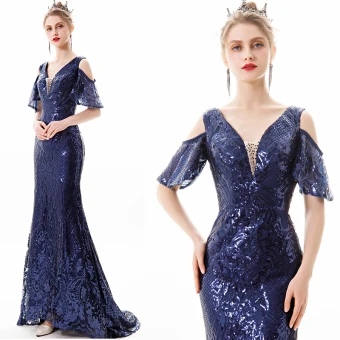Scintillantes Couleur Unie Bleu Marine Robe De Soirée 2019 Trompette Sirène V Cou Paillettes Manches Courtes Dos Nu Train De Balayage Robe De Ceremonie