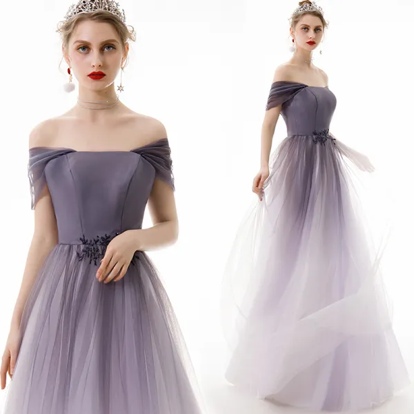 Modest / Simple Lavender Gradient-Color Evening Dresses  2019 A-Line / Princess Off-The-Shoulder Sleeveless Backless Floor-Length / Long Formal Dresses