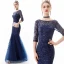Chic / Belle Bleu Marine Robe De Soirée 2019 Trompette / Sirène Encolure Dégagée Paillettes En Dentelle Fleur 3/4 Manches Dos Nu Longue Robe De Ceremonie