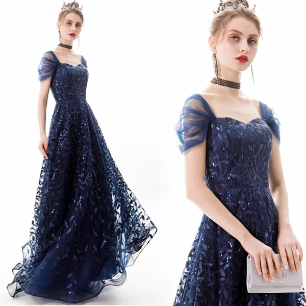 Classy Navy Blue Evening Dresses  2019 A-Line / Princess Square Neckline Sequins Lace Flower Short Sleeve Backless Floor-Length / Long Formal Dresses