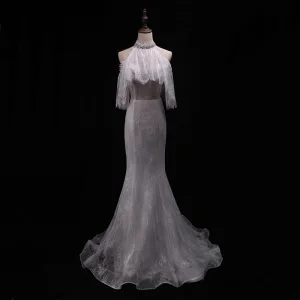 Élégant Ivoire Robe De Mariée 2018 Trompette Sirène Dentelle Perlage Paillettes Titulaire Dos Nu Manches Courtes Tribunal Train Mariage