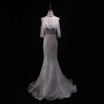 Elegant Ivory Wedding Dresses 2018 Trumpet Mermaid Lace Beading Sequins Halter Backless Short Sleeve Court Train Wedding