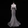 Elegant Ivory Brudekjoler 2018 Havfrue Blonde Beading Pailletter Halter Halterneck Kort Ærme Retten Tog Bryllup
