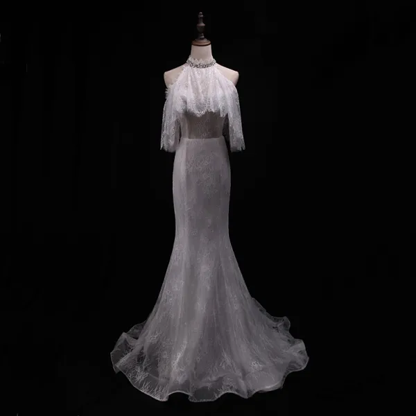 Elegant Ivory Brudekjoler 2018 Havfrue Blonde Beading Pailletter Halter Halterneck Kort Ærme Retten Tog Bryllup