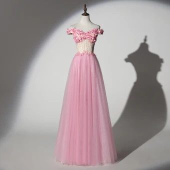 Chic Belle Rose Bonbon Robe De Bal 2019 Princesse De L 039 Épaule Perlage Perle En Dentelle Fleur Appliques Manches Courtes Dos Nu Longue Robe De Ceremonie