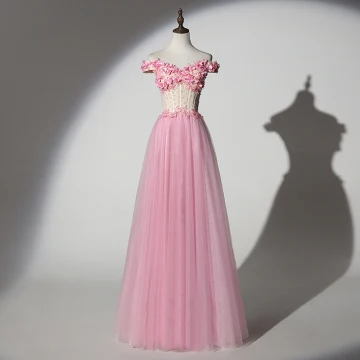 Chic Belle Rose Bonbon Robe De Bal 2019 Princesse De L 039 Épaule Perlage Perle En Dentelle Fleur Appliques Manches Courtes Dos Nu Longue Robe De Ceremonie