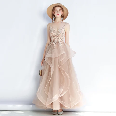 Hermoso Caqui Vestidos de noche 2019 A-Line / Princess Spaghetti Straps Con Encaje Flor Sin Mangas Sin Espalda Volantes En Cascada Largos Vestidos Formales