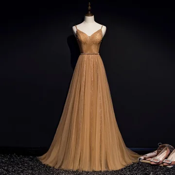 Chic Belle Doré Robe De Soirée 2019 Princesse Bretelles Spaghetti Perlage Perle Paillettes Sans Manches Dos Nu Longue Robe De Ceremonie